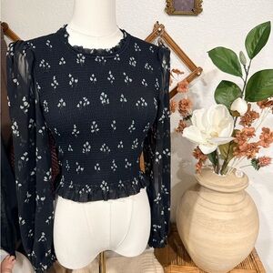 Wilfred Black Floral Blouse with Sheer Sleeves